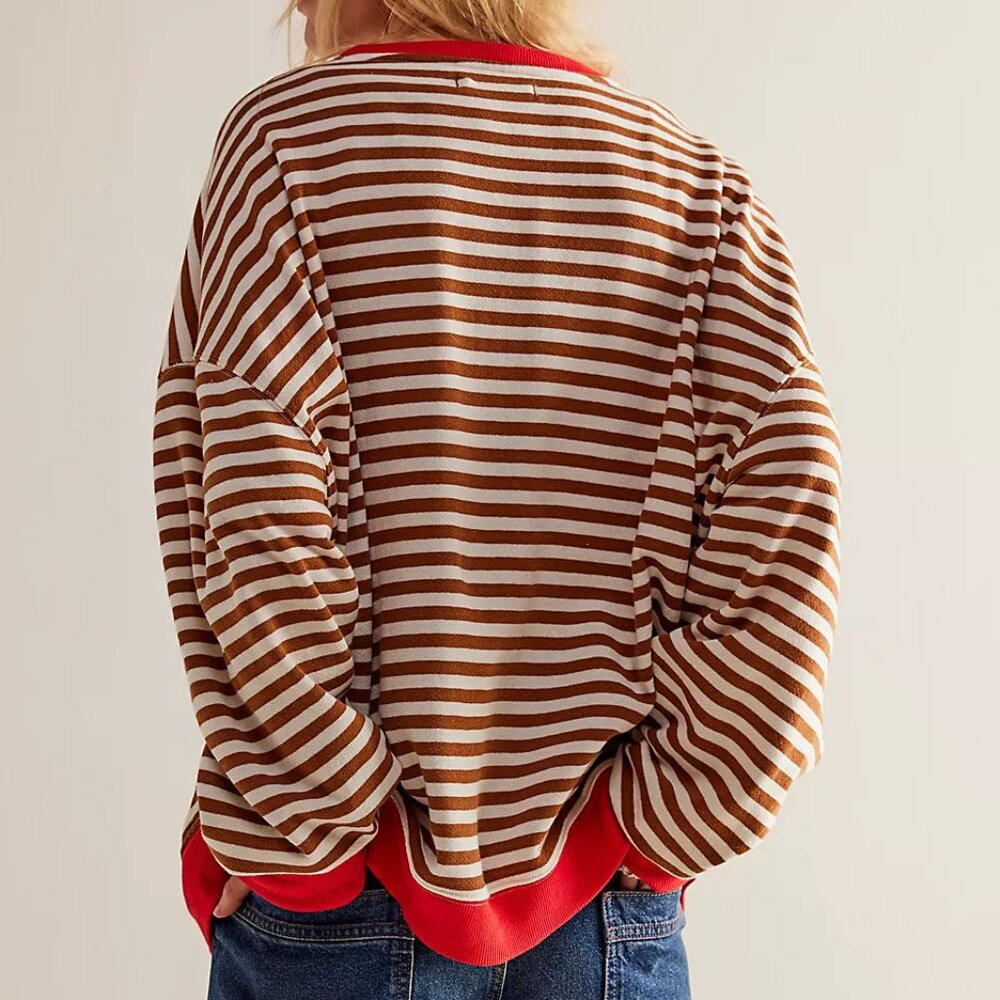 Free People We The Free Classic Striped Oversized Crewneck S Coffee Combo $98 - Picture 2 of 16
